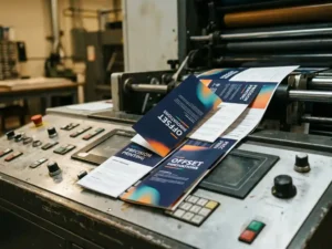Stapel kleurrijke brochures op bedieningspaneel van professionele drukpers met scherpe details en levendige kleuren