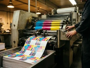 Grote offsetdrukpers met kleurrijke inktrollers in beweging, verse gekleurde flyers vallen in opvangbak