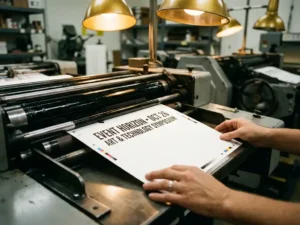 Witte flyer met scherpe zwarte tekst komt uit professionele offsetdrukpers, operator begeleidt papier met handen