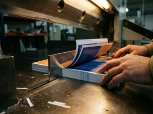Industrieel papiersnijmes snijdt door stapel kleurrijke brochures, handen leiden het papier, metalen snijoppervlak met papierfragmenten