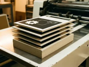 Stapel identieke flyers op verschillende papiersoorten van dun naar dik, met toenemende schaduwen op witte drukpers