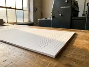 Witte flyer met geperforeerde scheurlijnen en reliëfdetails op professionele druktafel met Heidelberg pers op achtergrond