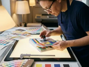 Prepress technicus controleert kleurcorrectie van brochureproeven onder professionele lichtbak met kleurstalen en meetgereedschap