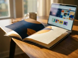 Geopende brochure met premium papier naast laptop op houten bureau, warme namiddagzon creëert zachte schaduwen