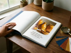 Open productbrochure met glanzende pagina's op houten bureau, omringd door vergrootglas en kleurstalen in warm licht