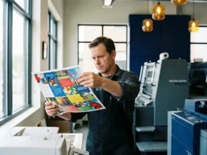 Professionele drukker inspecteert kleurrijke brochure testprint bij raam in moderne drukkerij met Heidelberg pers op achtergrond