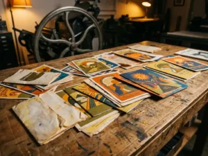 Kleurrijke promotieflyers verspreid over houten werkbankje in drukkerij met vintage drukpers op achtergrond