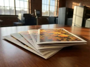 Stapel seizoensbrochures met herfst- en lentekleuren op houten bureau, printapparatuur op achtergrond, natuurlijk licht