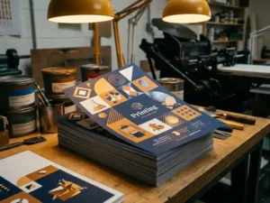 Stapel glanzende flyers met spot UV-coating toont contrast tussen matte en glanzende afwerkingen op professionele drukwerkplek
