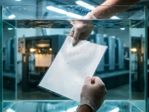 Witte flyer ondergedompeld in helder water met waterdruppels op glanzend oppervlak, drukkerij apparatuur op achtergrond