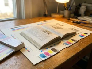 Open boek op kalibratievel omringd door CMYK-inktstalen en kleurprofielgids op houten proeftafel, warm atelierlight.
