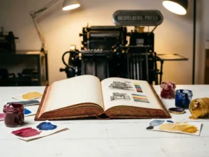 Open hardcover boek op wit oppervlak, omringd door inktswatches in karmozijn, kobaltblauw en goudgeel, Heidelberg drukpers op achtergrond.