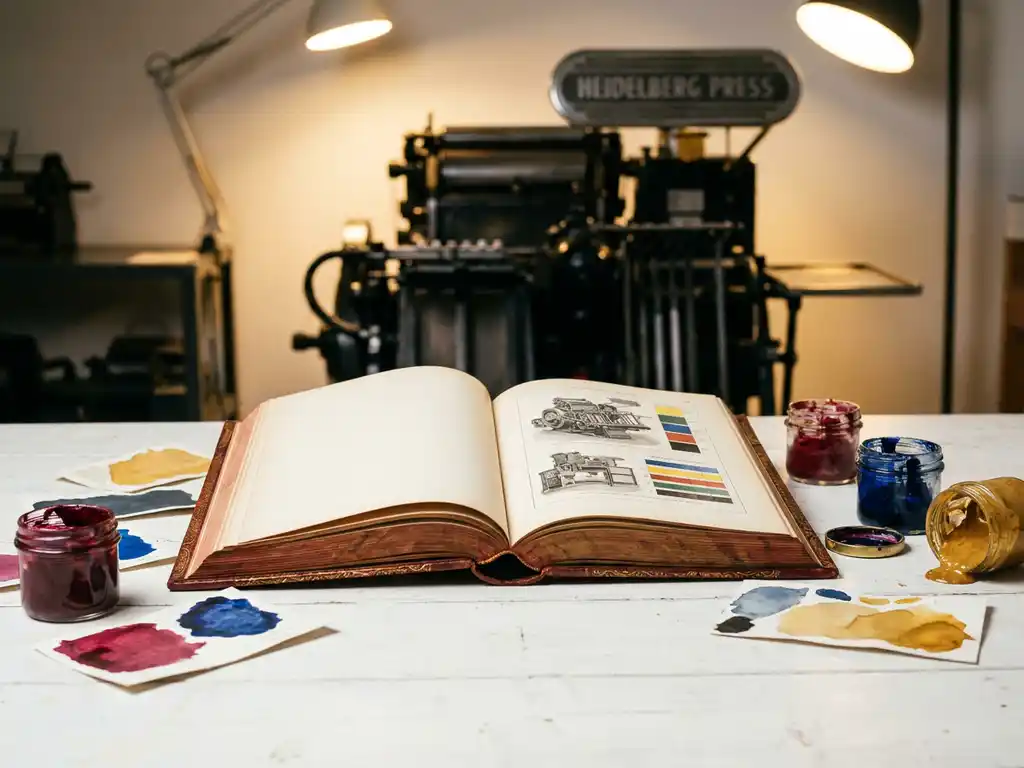 Open hardcover boek op wit oppervlak, omringd door inktswatches in karmozijn, kobaltblauw en goudgeel, Heidelberg drukpers op achtergrond.