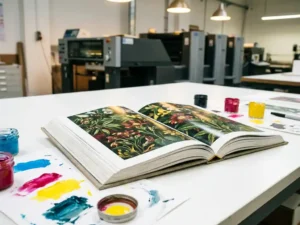 Opengeslagen hardcover boek met kleurrijke botanische illustraties, omringd door CMYK-inktstalen op wit drukkerijoppervlak.