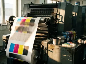 CMYK testvel dat uit een Heidelberg drukpers rolt, met uitgelijnde en verkeerd uitgelijnde kleurvlakken naast inktpatronen op een stalen console.