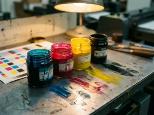 Vier CMYK-inktwells — cyaan, magenta, geel en zwart — op een versleten drukkerswerkbank met inktsporen en kleurstalenvel.
