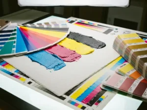 CMYK inktstalenwaaiер op gecoat papier op een lichtbak, omringd door kleurkalibratiеstroken en een open Pantone-kleurenboek.