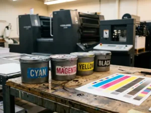 Vier CMYK-inktkartridges in cyaan, magenta, geel en zwart naast een kleurstalenblad op een offsetdrukkerstafel, Heidelberg-pers op de achtergrond.