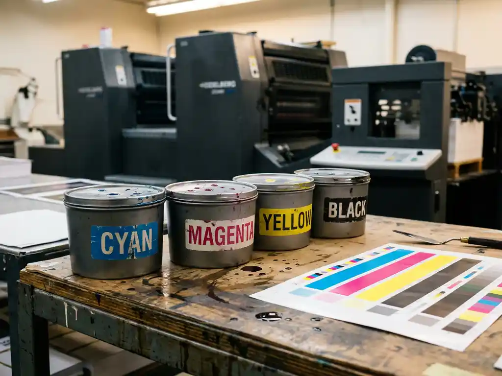Vier CMYK-inktkartridges in cyaan, magenta, geel en zwart naast een kleurstalenblad op een offsetdrukkerstafel, Heidelberg-pers op de achtergrond.
