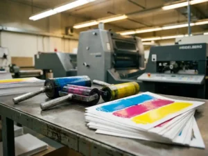CMYK inktrollers naast kleurstalenbladen met cyaan, magenta en goudgele inktvlakken op een stalen druktafel, Heidelberg pers op achtergrond.