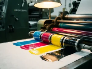 Vier CMYK-inktrollen in cyaan, magenta, geel en zwart drukken op vel bij Heidelberg-pers met verzadigde inkttexturen.