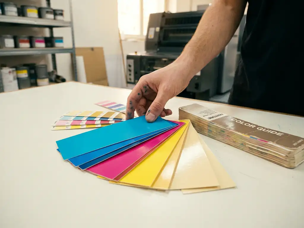 Kleurstaalkaarten in CMYK-tinten uitgewaaierd op een witte drukkerijondergrond, met een Pantone-gids en inktgevlekte vingers.