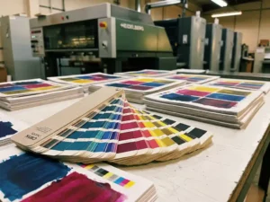 CMYK kleurenwaaier opengevouwen op wit oppervlak met gedrukte testellen en een Heidelberg drukpers op de achtergrond.