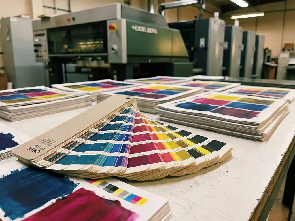 CMYK kleurenwaaier opengevouwen op wit oppervlak met gedrukte testellen en een Heidelberg drukpers op de achtergrond.