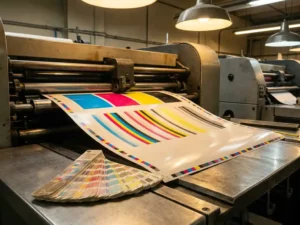 Kleurtestvellen met verschoven CMYK-registratiestroken op een offsetpers, met een kleurkalibratie-waaier op het persbed.