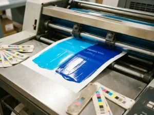 Vers gedrukt vel met cyaan en kobaltblauwe kleurstalen op een offsetpers, omringd door CMYK-referentiekaarten op een stalen perstafel.