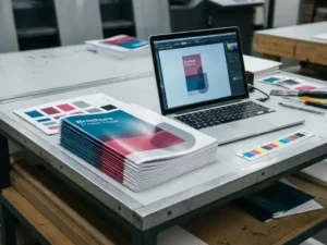 Gedrukte brochure met CMYK-kleuren naast laptop met afwijkende digitale kleuren, kleurstalen en kalibratiebalk op grijze drukkerijwerkbank.