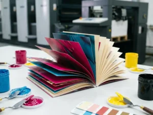 Opengevouwen kleurenbrochure op witte drukkerijondergrond met CMYK-kleurstalen en offsetdrukpers op de achtergrond.