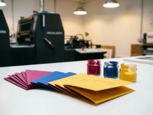 Gedrukte brochures uitgewaaierd op witte tafel met inktstalen in magenta, kobaltblauw en geel, Heidelberg pers op achtergrond.