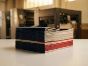 Stapel vers gedrukte brochures en tijdschriften met levendige marine-, crème- en rode tinten op een studio-oppervlak.