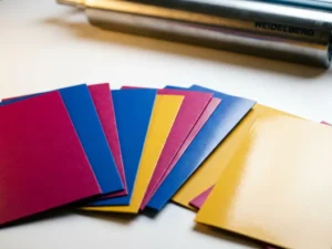 Kleurrijke gedrukte mappen in magenta, kobaltblauw en goudgeel uitgewaaierd op wit oppervlak, Heidelberg pers op achtergrond.