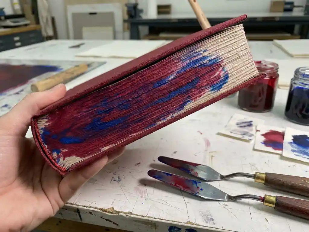 Hardcover boek schuin gehouden met levendige inktgekleurde randen in donkerrood en kobaltblauw, inktmonsters en spatel op witte drukkerijondergrond.