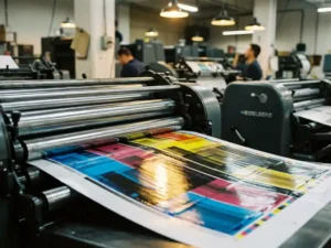 Heidelberg drukpers rolt een CMYK-vel met levendige cyaan-, magenta- en geellagen door gepolijste stalen rollen in industriële werkplaats.