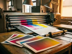 Heidelberg drukpers drukt CMYK-testvel met verzadigde magenta-, cyaan- en goudgele inktrollen op glanzend wit papier.