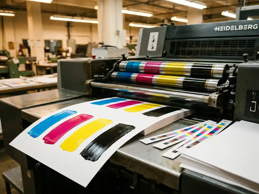 Heidelberg drukpers in werking met CMYK-inktvlakken in cyaan, magenta, geel en zwart op wit papier, kleurkalibratiestips zichtbaar.