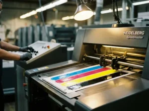Heidelberg drukpers met natte CMYK-kleurkalibratiebaan in cyaan, magenta, geel en zwart, technicus op de achtergrond.