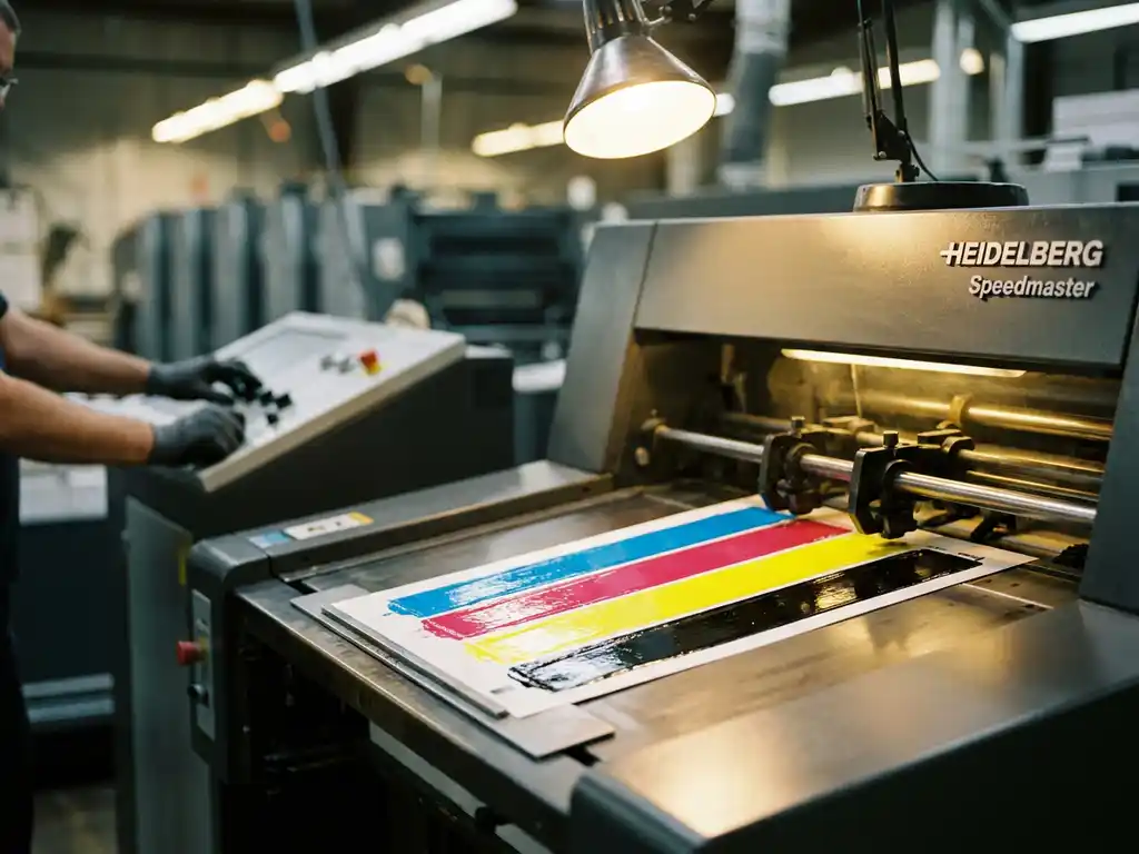 Heidelberg drukpers met natte CMYK-kleurkalibratiebaan in cyaan, magenta, geel en zwart, technicus op de achtergrond.