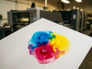 Cyaan, magenta en gele inktdruppels die samenvloeien op wit gecoat papier, met een offsetdrukpers op de achtergrond.