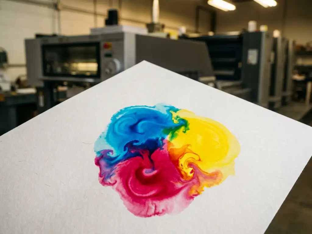 Cyaan, magenta en gele inktdruppels die samenvloeien op wit gecoat papier, met een offsetdrukpers op de achtergrond.