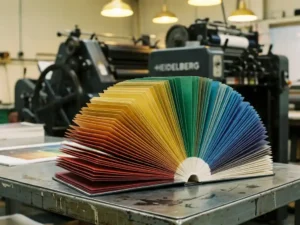 Kleurstaalboekje opengewaaid op een drukkerijoppervlak met levendige inktkleuren van dieprood tot cyaan, Heidelberg drukpers op de achtergrond.