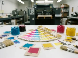 Pantone kleurenwaaier opengevouwen tussen CMYK inktmonsters en kleurstalen op wit drukkerijoppervlak.