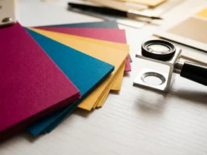 Waaier van kleurstaalkaarten in magenta, cyaan en geel op een wit printstudio-oppervlak, met een professionele loupe ernaast.
