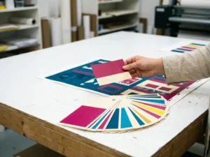 Waaier van kleurstalen in magenta, cyaan en crème op een witte studiotafel, hand vergelijkt staalkaart met vers gedrukt vel.