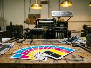 Kleurstaalkaarten met cyaan, magenta, geel en zwart uitgewaaierd op een inktgevlekte werkbank, met een Heidelberg-pers op de achtergrond.