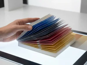 Designer houdt een waaier van kleurstalen open met tinten kobaltblauw, karmozijn en okergeel op een witte lightbox.