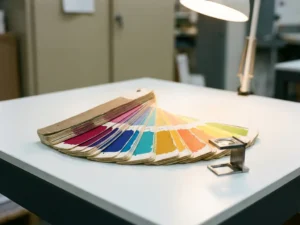 Kleurenwaaier met gedrukte inktsamples van diep magenta tot kobaltblauw, loep ernaast op wit drukkerijoppervlak onder professionele kleurlamp.